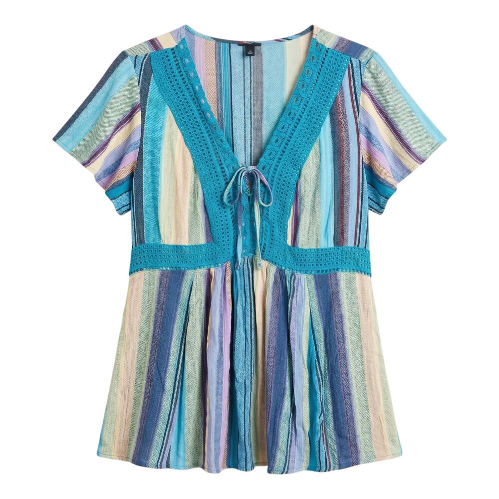 Torrid Womens 2X Boho‎ Cottagecore Artsy Striped Crochet Tie Front Peplum Top